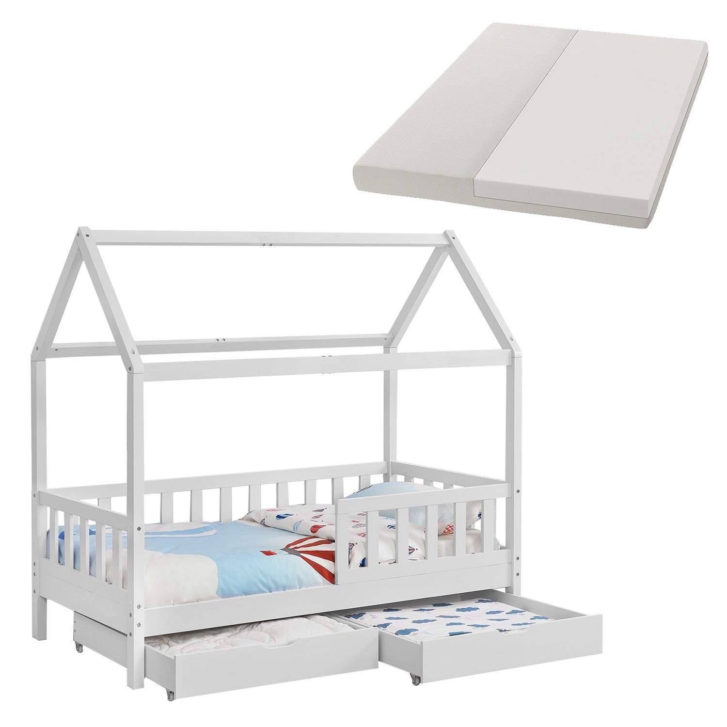 Juskys Kinderbett Marli 80 x 160 cm mit Bettkasten und Matratze Weiß günstig online kaufen