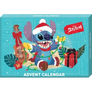 Türkiser Disney Stitch Adventkalender mit 24 Türchen, Schreibwaren-Überraschungen und Weihnachtsdeko.
