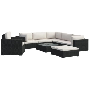Schwarzes 8-tlg. vidaXL Garten Lounge Set aus Rattan mit cremeweißen Auflagen.