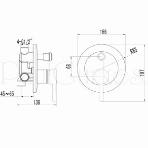 Maßzeichnung PaulGurkes Unterputz Duschsystem Armatur. Runde Blende, Hebel, Umsteller und Einbaumaße.