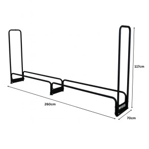 Schwarzes Kaminholzregal XL aus Metall für Außen, inkl. Abdeckung und Handschuhe, 117x260x36cm.