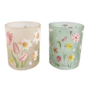Boltze Windlicht Tulip, 2 Glas-Kerzenhalter mit Blumenmuster, 8,3x7x7cm, Multicolor.