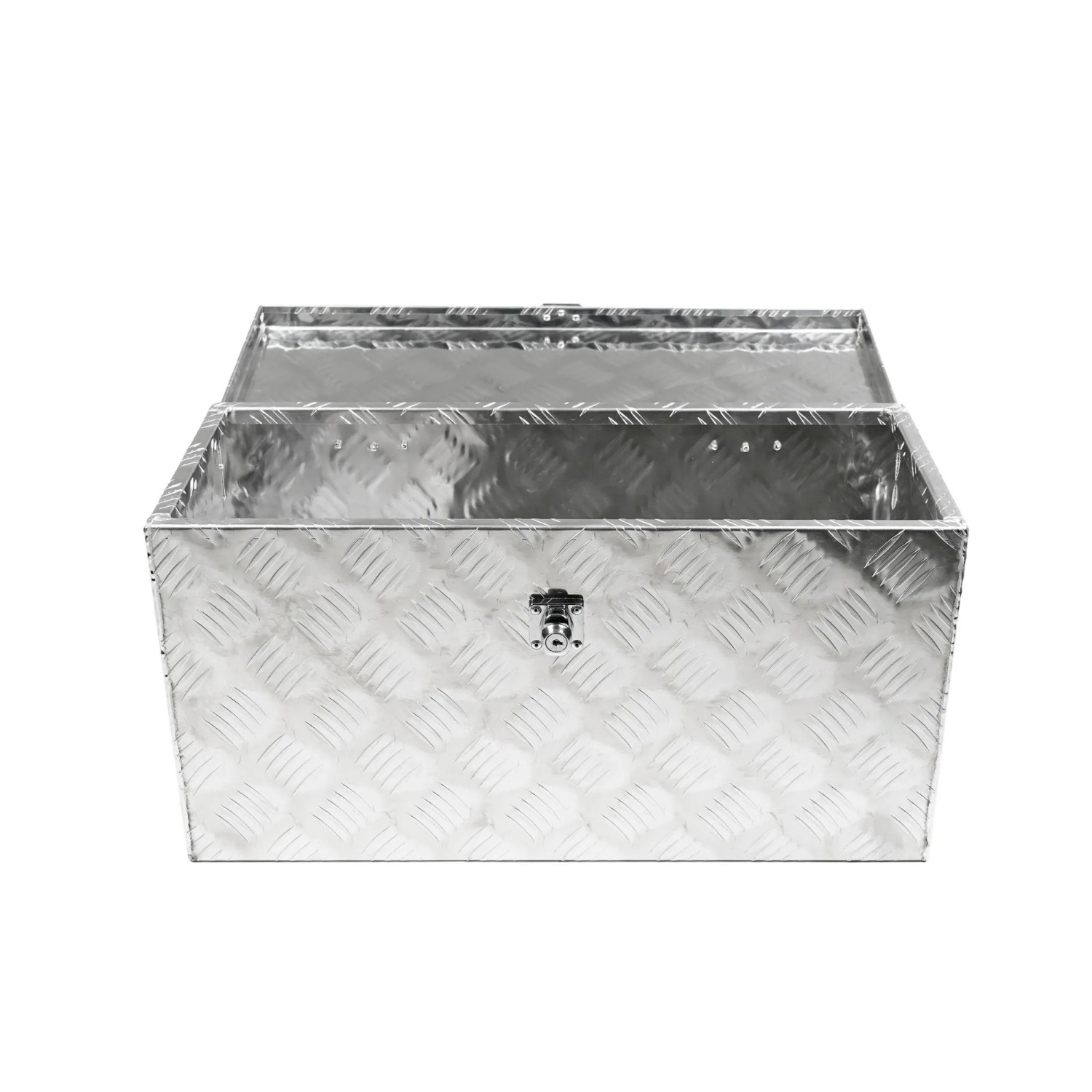 Offene PROREGAL Deichselbox aus Aluminium-Riffelblech für PKW-Anhänger, abschließbar.