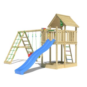 Jungle Gym Spielturm mit Doppelschaukel, Kletterbock und blauer Rutsche. Holz natur.