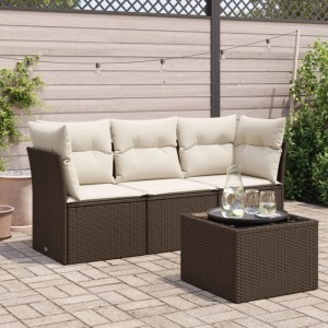 Braune 4-tlg. vidaXL Garten-Sofagarnitur aus Rattan mit cremefarbenen Kissen und Tisch.