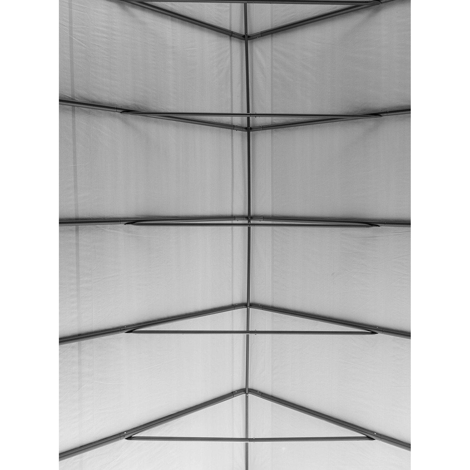 Innenansicht ShelterLogic Weidezelt: Stahlrahmen und wasserdichte Plane. Ordnungssystem für den Garten.