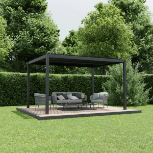 Graue Ximax Pergola Shade mit Lamellendach und Beleuchtung im Garten.