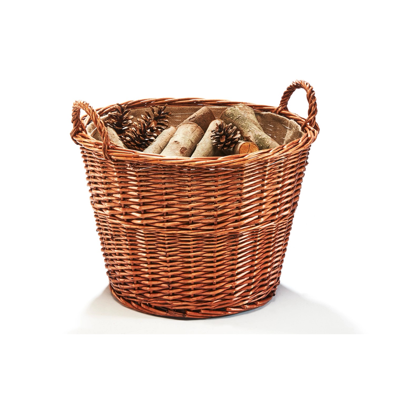 Runder Kobolo Holztragekorb aus Weide mit Jute und Henkeln, gefüllt mit Holz und Tannenzapfen.