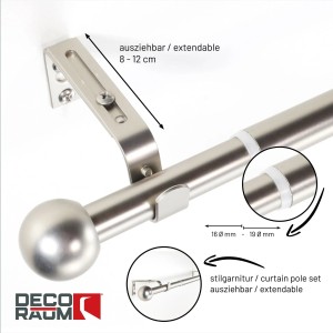 Deco-Raum Gardinenstangen Set Ausziehbar 1-Lauf Kugel Flexa Ø 16/19 mm 70-120cm Edelstahl-optik