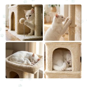 Beiger Relaxdays Kratzbaum mit weißer Katze, die an Sisalstamm kratzt, mit Ball spielt und in Höhlen schläft. Kompakt, waschbar.