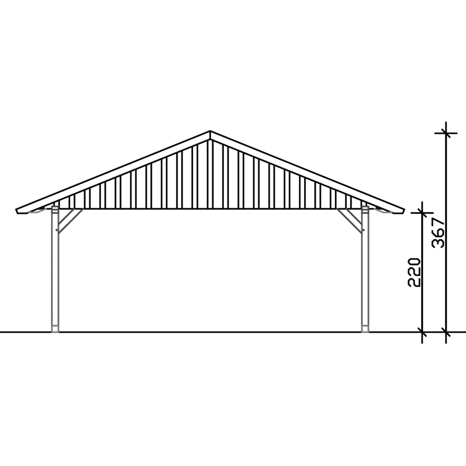 Skizze Carport Schwarzwald, weiß, mit Dachlattung und Maßangaben.