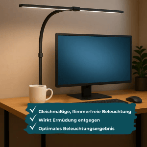 Schwarze LUXULA Klemmleuchte am Schreibtisch mit PC Monitor und Tasse. Dimmbare LED Schreibtischleuchte.