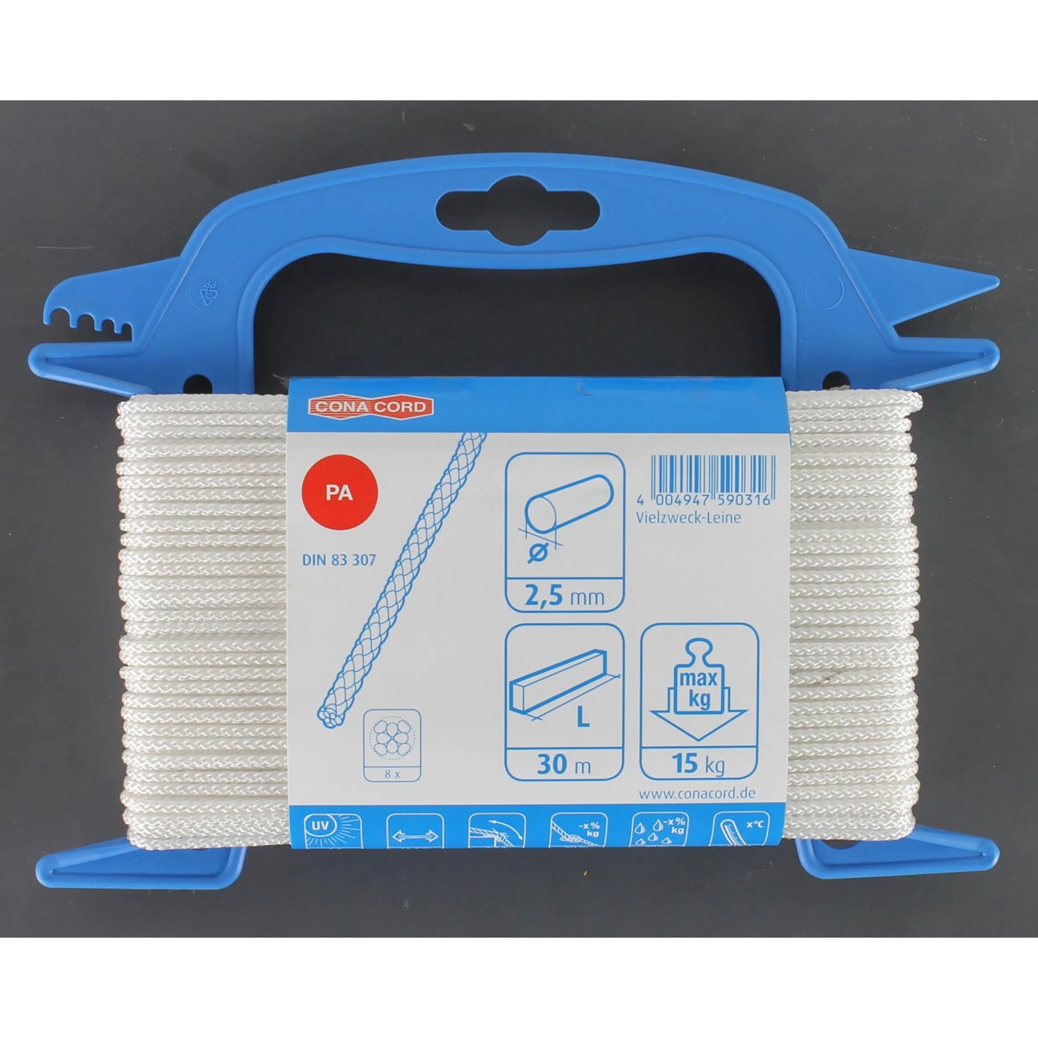 Conacord Seil Polyester Geflochten Ø 2,5 mm Länge 30 m Weiß_3
