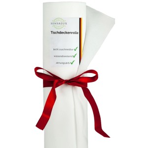 Weiße Sensalux Vlies-Tischdeckenrolle (1,5 m x 25 m) mit roter Schleife.