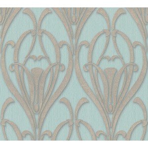 Türkis-braune Barock Vliestapete mit floralem Muster für stilvolle Wände.