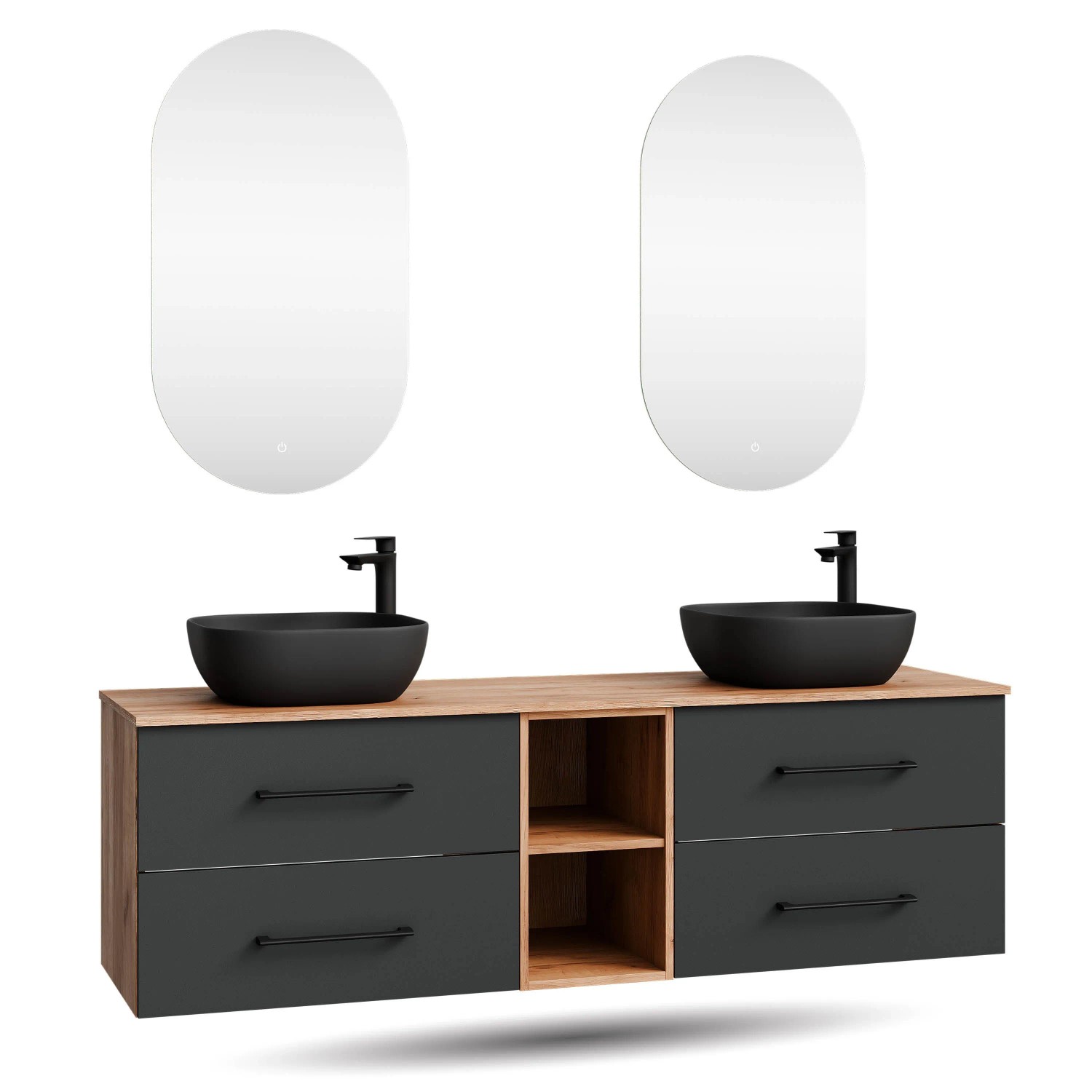 Planetmöbel LUX Badmöbel Set 170 cm mit 2 Aufsatzwaschbecken 42,5 cm Schwarz 2 LED Spiegel Soft Close