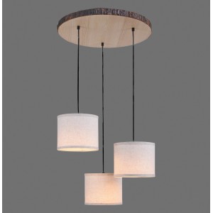Just Light Pendelleuchte Bark mit Holzdekor und drei beigen Lampenschirmen.