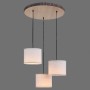 Just Light Pendelleuchte Bark mit Holzdekor und drei beigen Lampenschirmen.