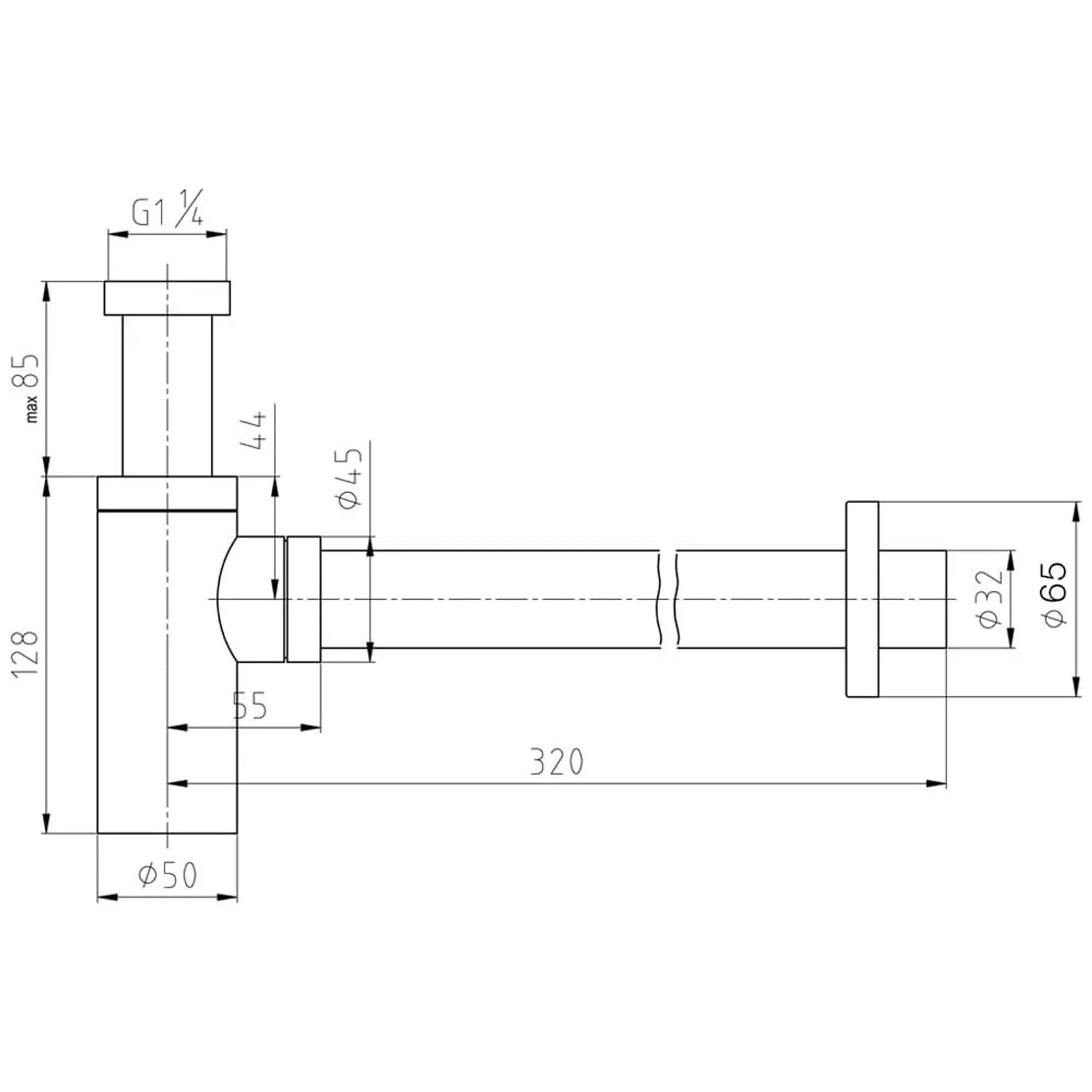 Skizze eines runden Design-Siphons in Chrom mit Maßangaben für Waschbecken.