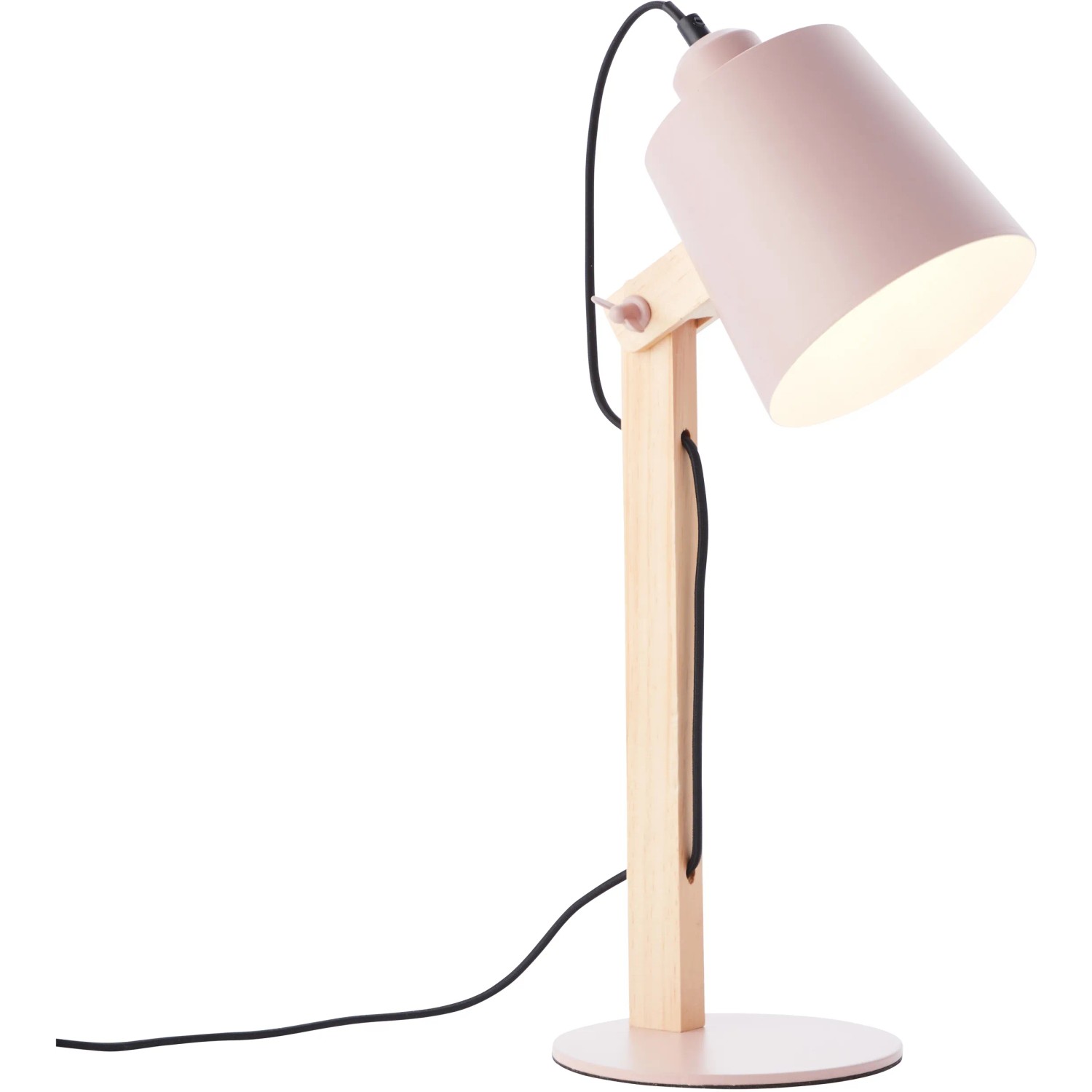 Rosa Tischleuchte Swivel von Brilliant mit Holzfuß, schwenkbar für optimales Licht.