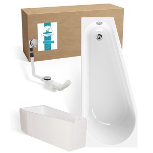 Calmwaters Raumsparwanne Essential Small 160x70 cm rechts, mit Wannenträger und Ablaufgarnitur.