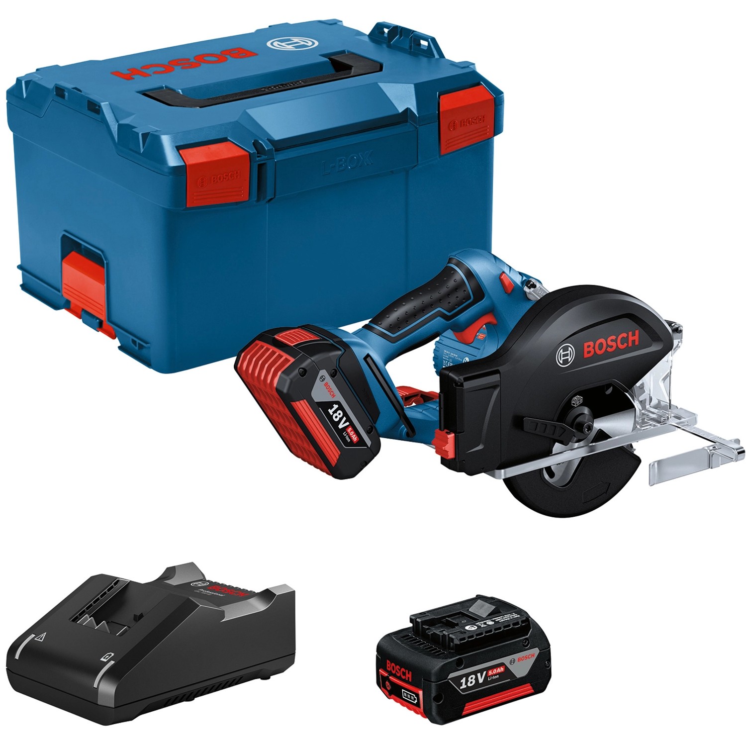 Bosch Professional Akku-Kreissäge GKM 18V-50 mit 2x Akku 5.0Ah & GAL in L-Boxx