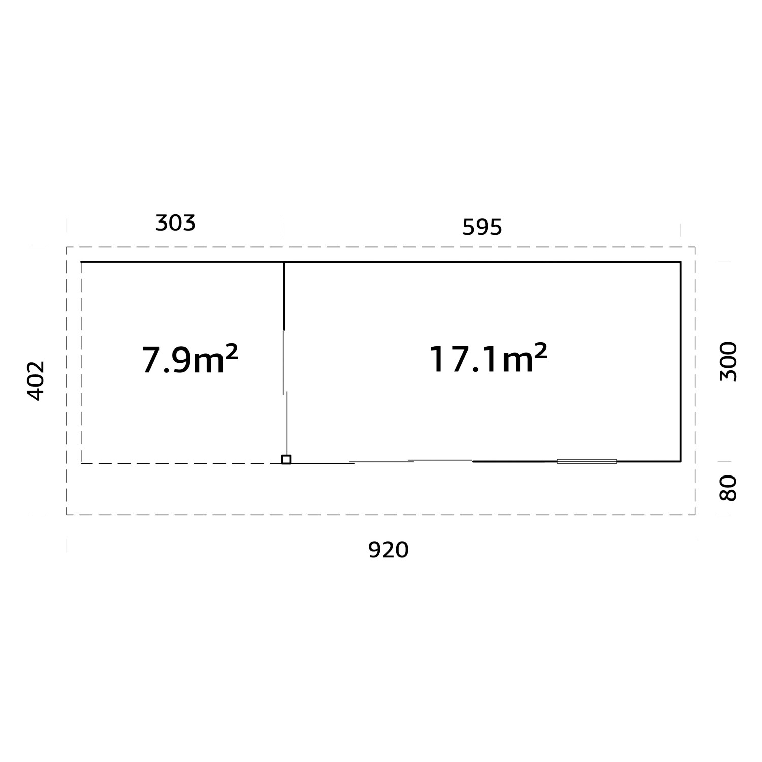 Grundriss Palmako Gartenhaus Andrea Slide: 898x300cm, Holz-Gartenhaus mit überdachtem Anbau.