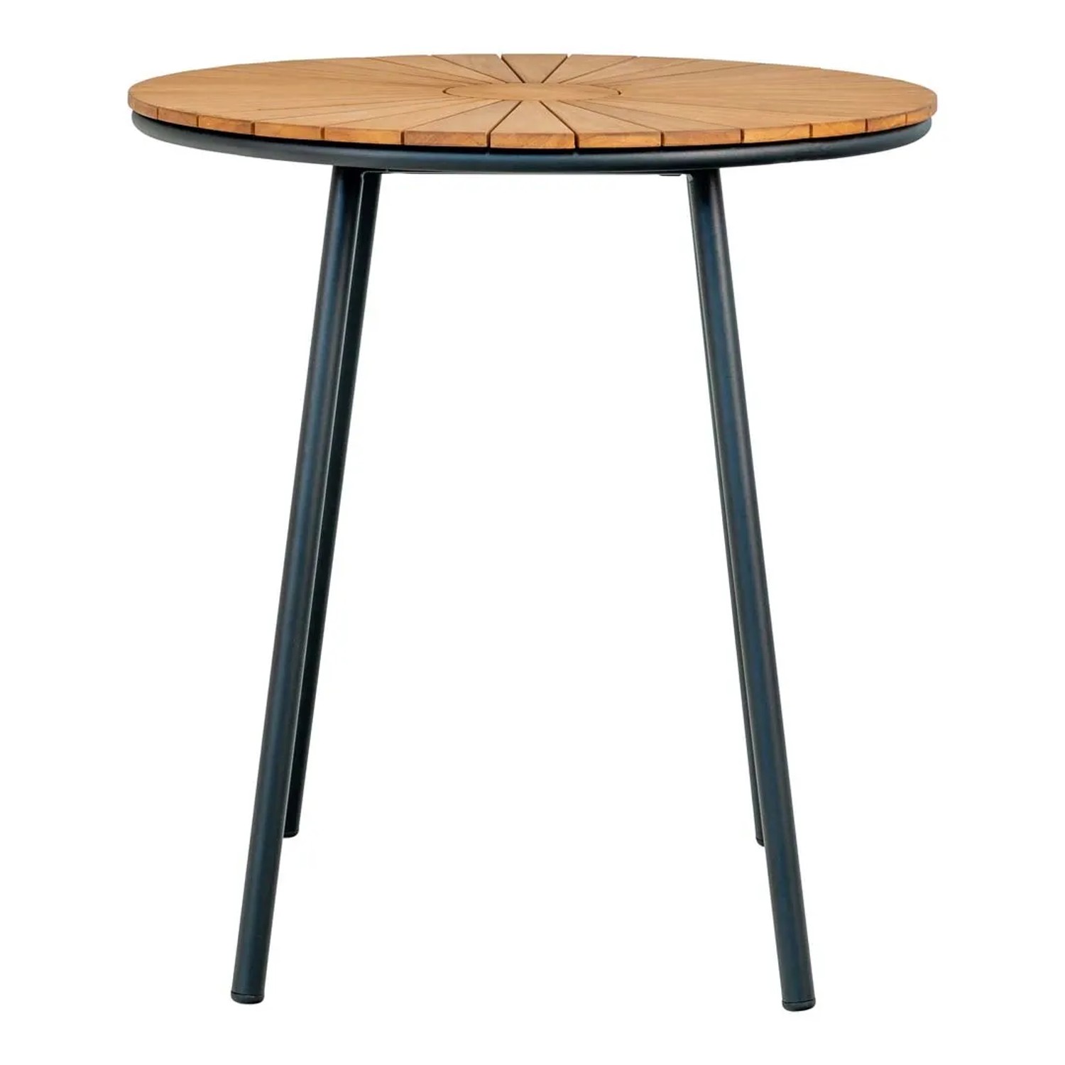 Runder Cafétisch Cleveland, Ø70cm, Teakholzplatte, schwarzes Gestell, ideal für Garten und Balkon.