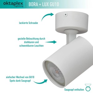 Weiße Oktaplex Bora Deckenleuchte, 1-flammig, schwenkbar mit GU10 Leuchtmittel für neutralweißes Licht.