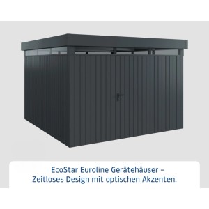 EcoStar Gerätehaus Euroline, anthrazit, mit Flachdach und Lichtband. Gerätehäuser für den Garten.