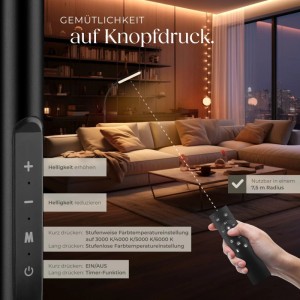 Schwarze Tectake Stehlampe mit Fernbedienung im Wohnzimmer, variable Lichtmodi.