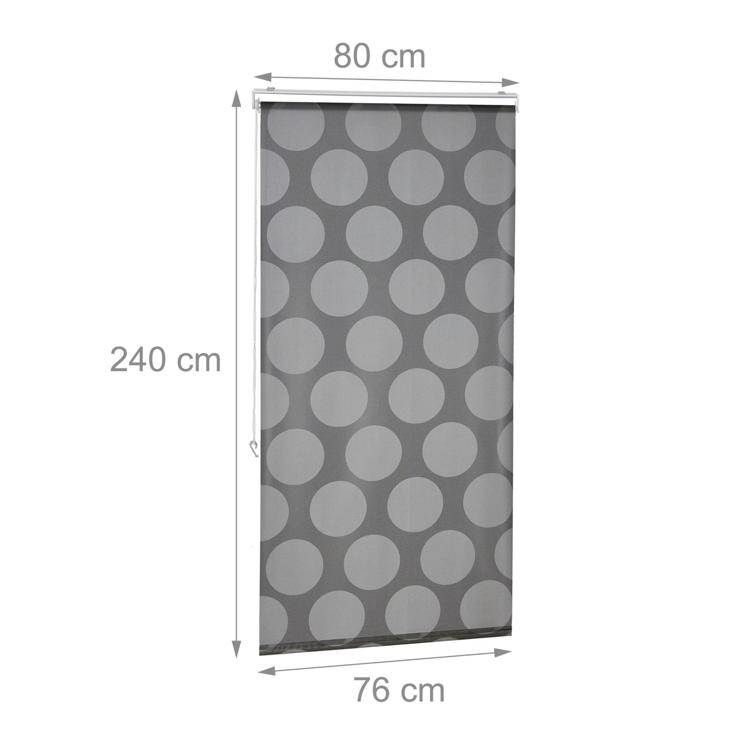 Graues Relaxdays Duschrollo (80x240 cm) mit Punktmuster, wasserabweisend für Dusche und Badewanne.