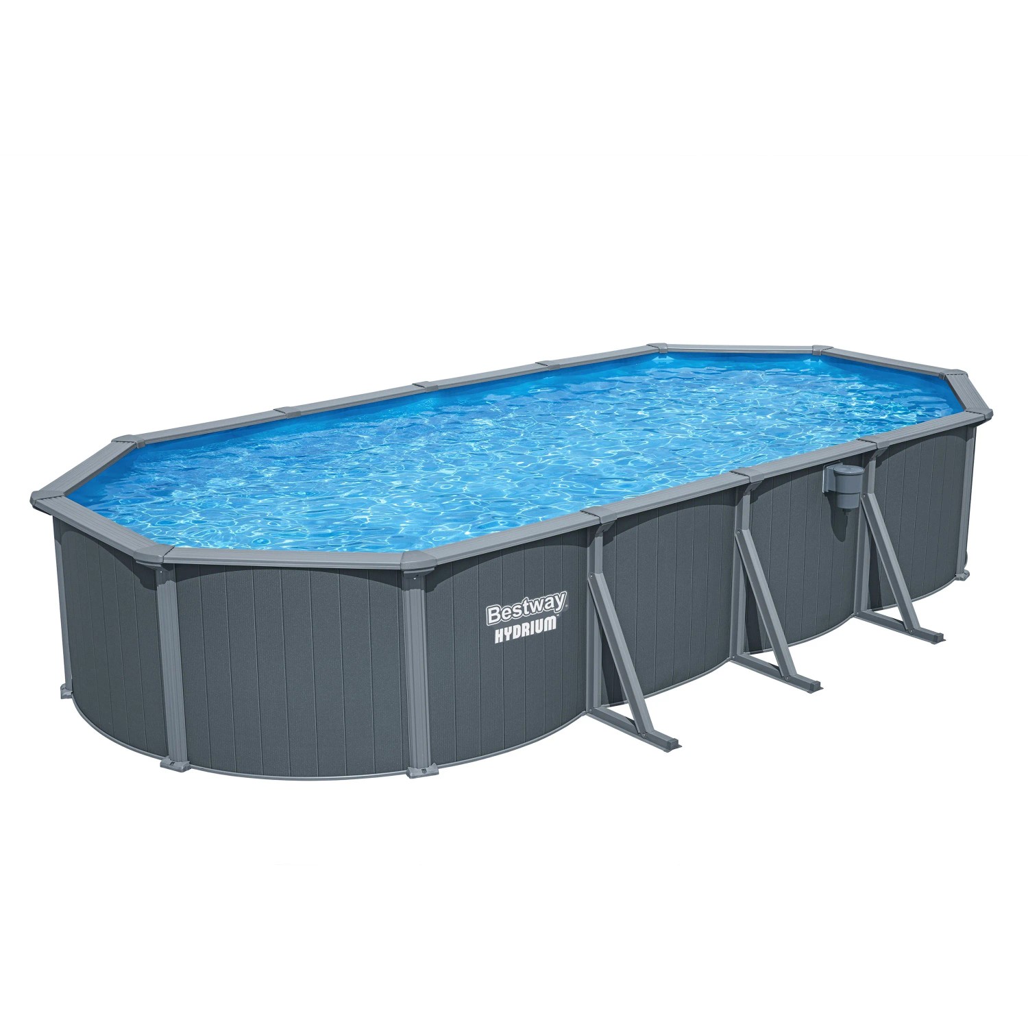 Ovaler Bestway Hydrium Stahlwandpool in Holzoptik (grau), gefüllt mit Wasser.