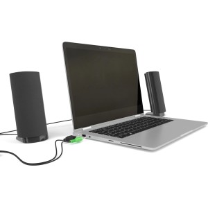 Schwarze Hama PC-Lautsprecher E 80 neben Laptop. Zubehör für Computer.