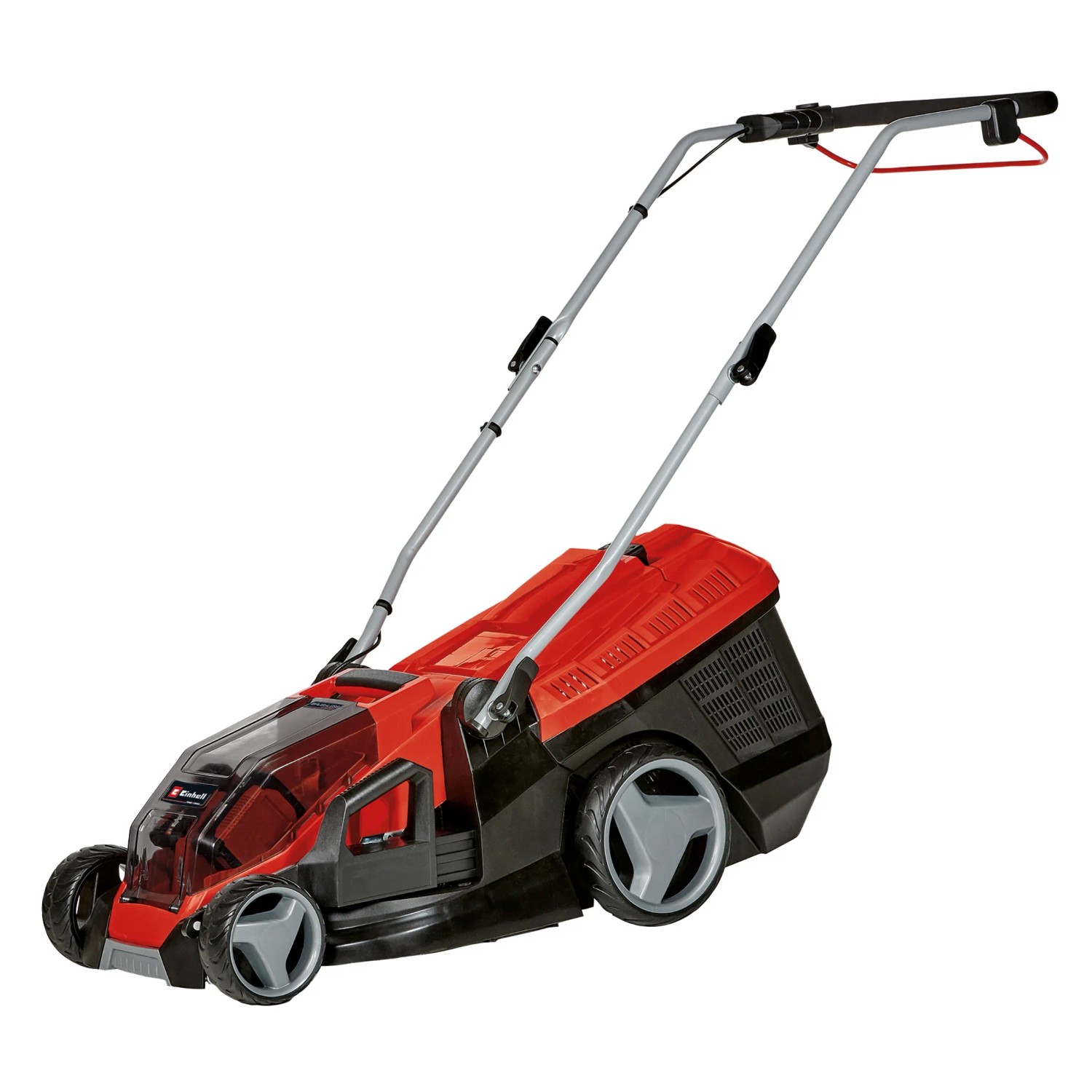 Einhell Akku-Rasenmäher GE-CM 36/350 Li M Kit, rot/schwarz, mit Fangkorb und Akkus.