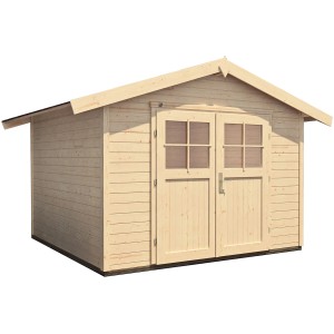 Naturbelassenes weka Gartenhaus 122 mit Satteldach und Doppeltür aus Holz.