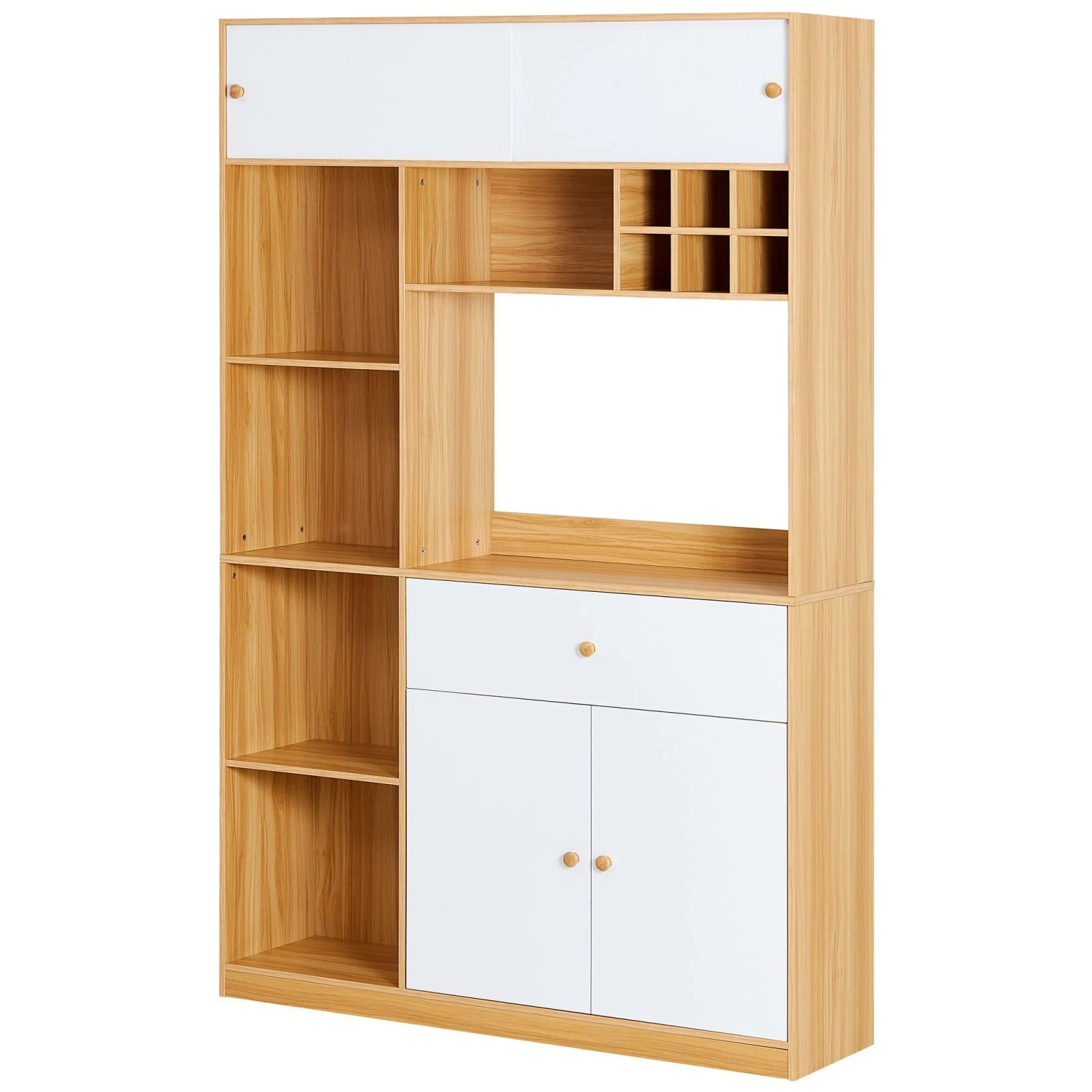 okwish Küchenschrank mit LED Schublade Türen Regale Mikrowelle Aufbewahrung 115x35x180cm Natur