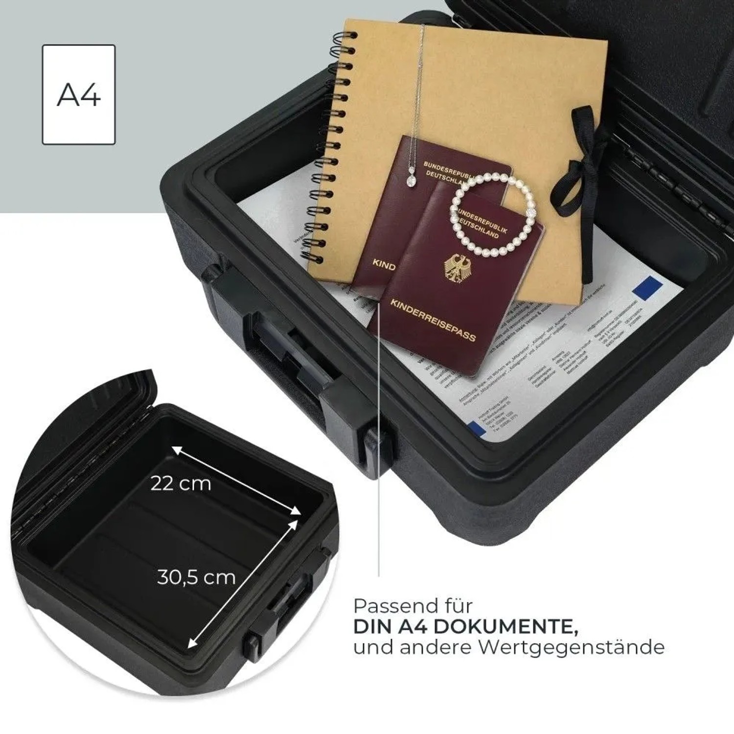 Offener schwarzer HMF feuerfester Tresor mit A4-Dokumenten, Pässen, Schmuck. Wasserdichte Geldkassette.