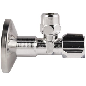 Schell Eckventil, 1/2 Zoll, Messing verchromt mit Rosette und Quetschüberwurf.