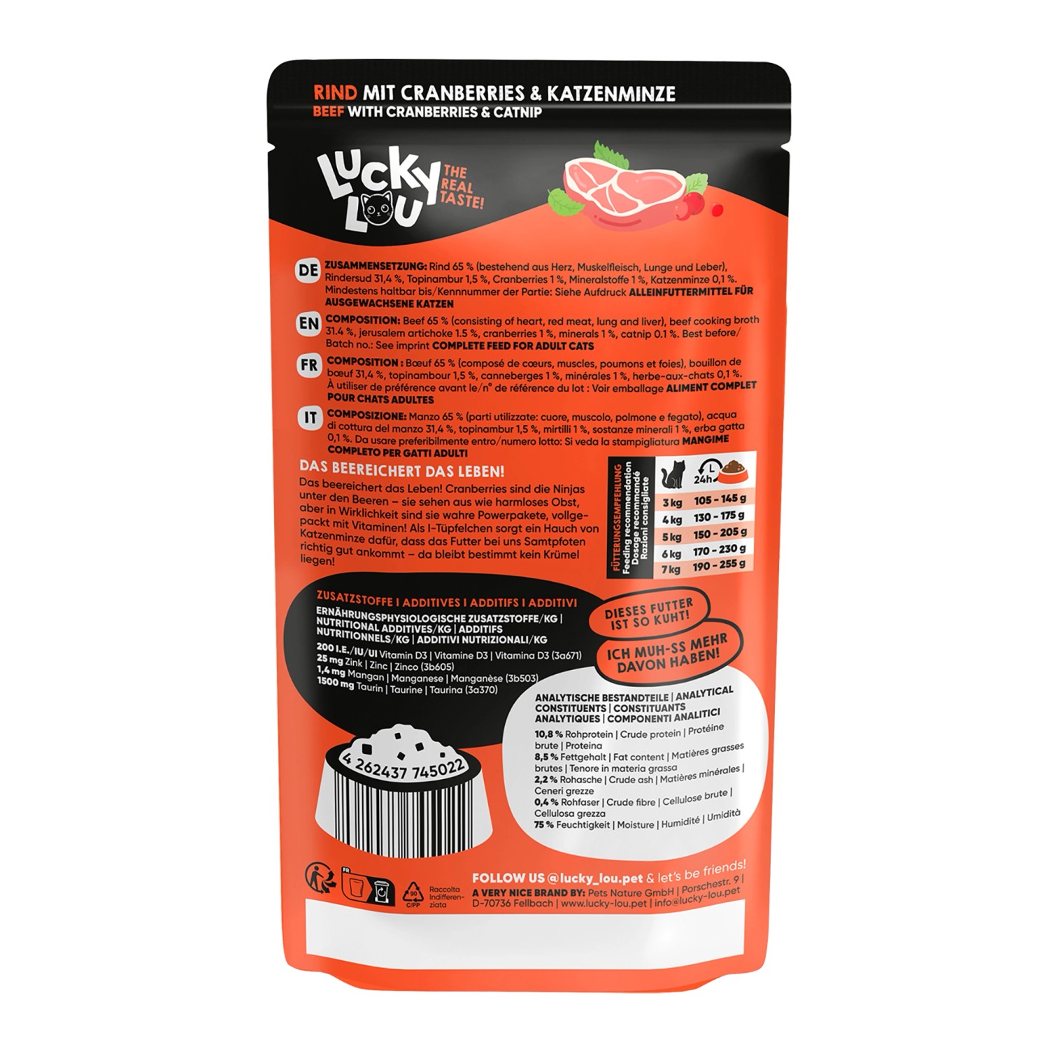 Lucky Lou Katzen-Nassfutter Rind mit Cranberries & Katzenminze, 125g Packung.