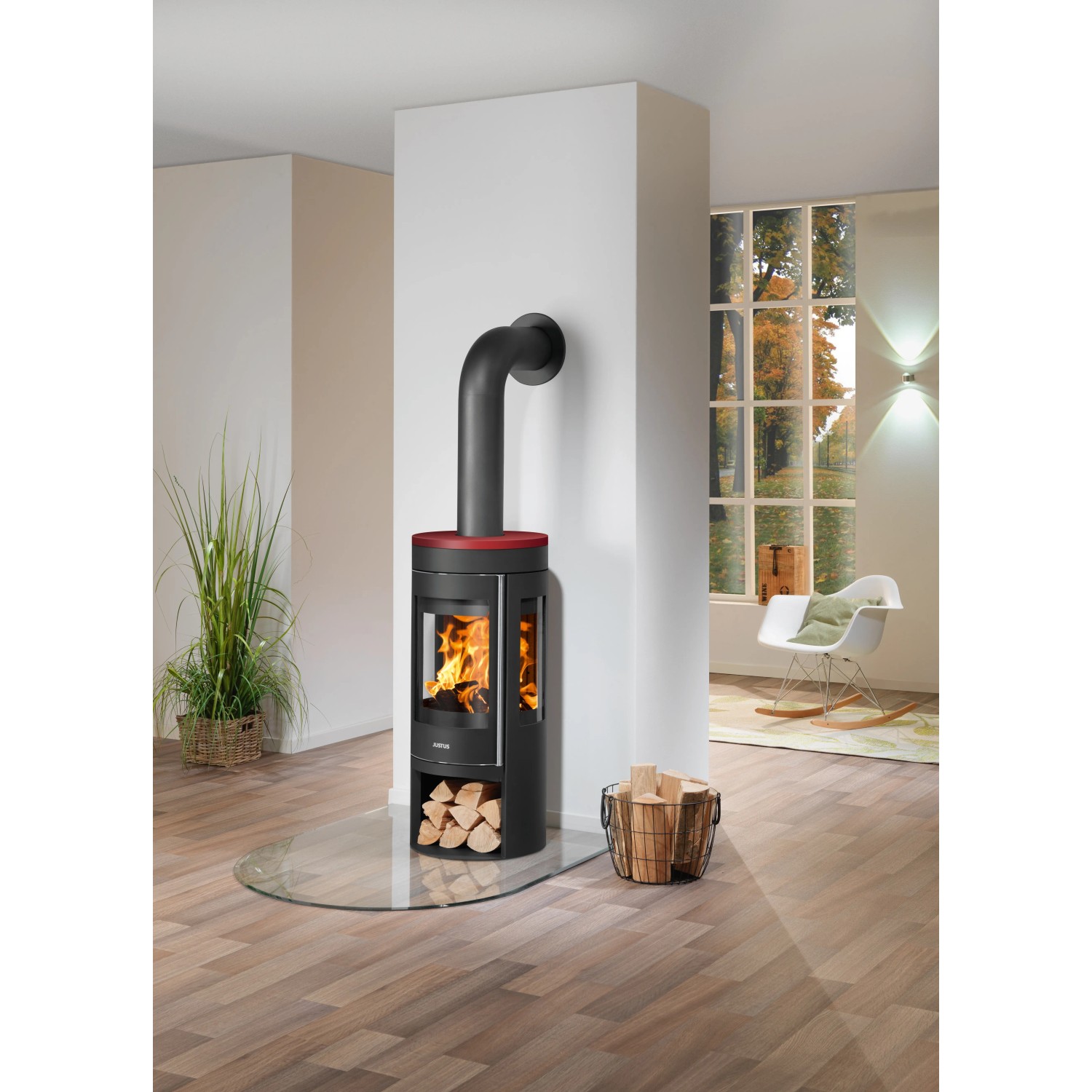 Justus Kaminofen Mino Trios 2.0, Stahl schwarz, Abdeckplatte Bordeaux, 5 kW. Gemütliche Atmosphäre für Ihr Zuhause.
