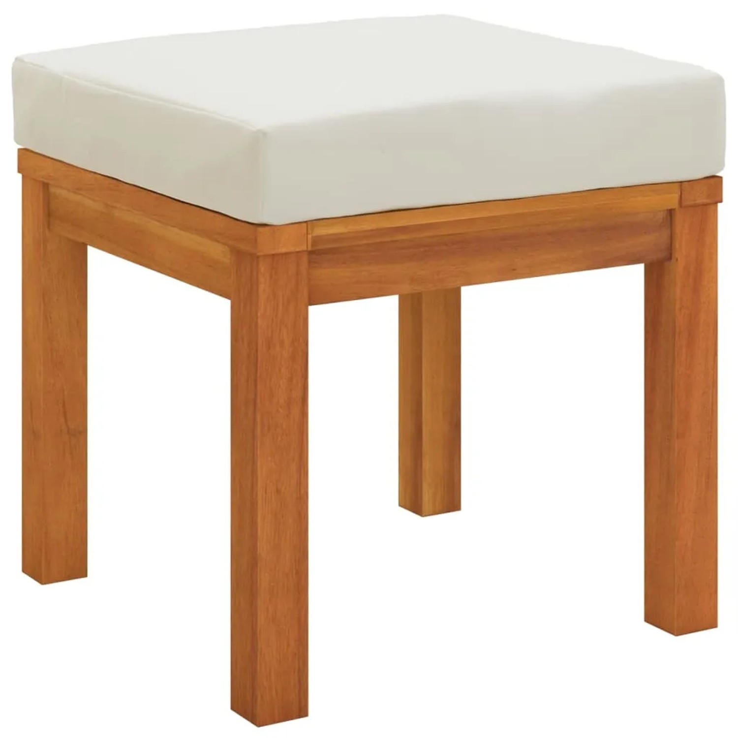 Fußhocker aus Akazienholz mit cremeweißem Kissen, Teil der vidaXL Garten-Essgruppe.