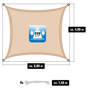 Beiges, rechteckiges AMANKA Sonnensegel 4x6m mit Maßangaben und 4 Seilen.