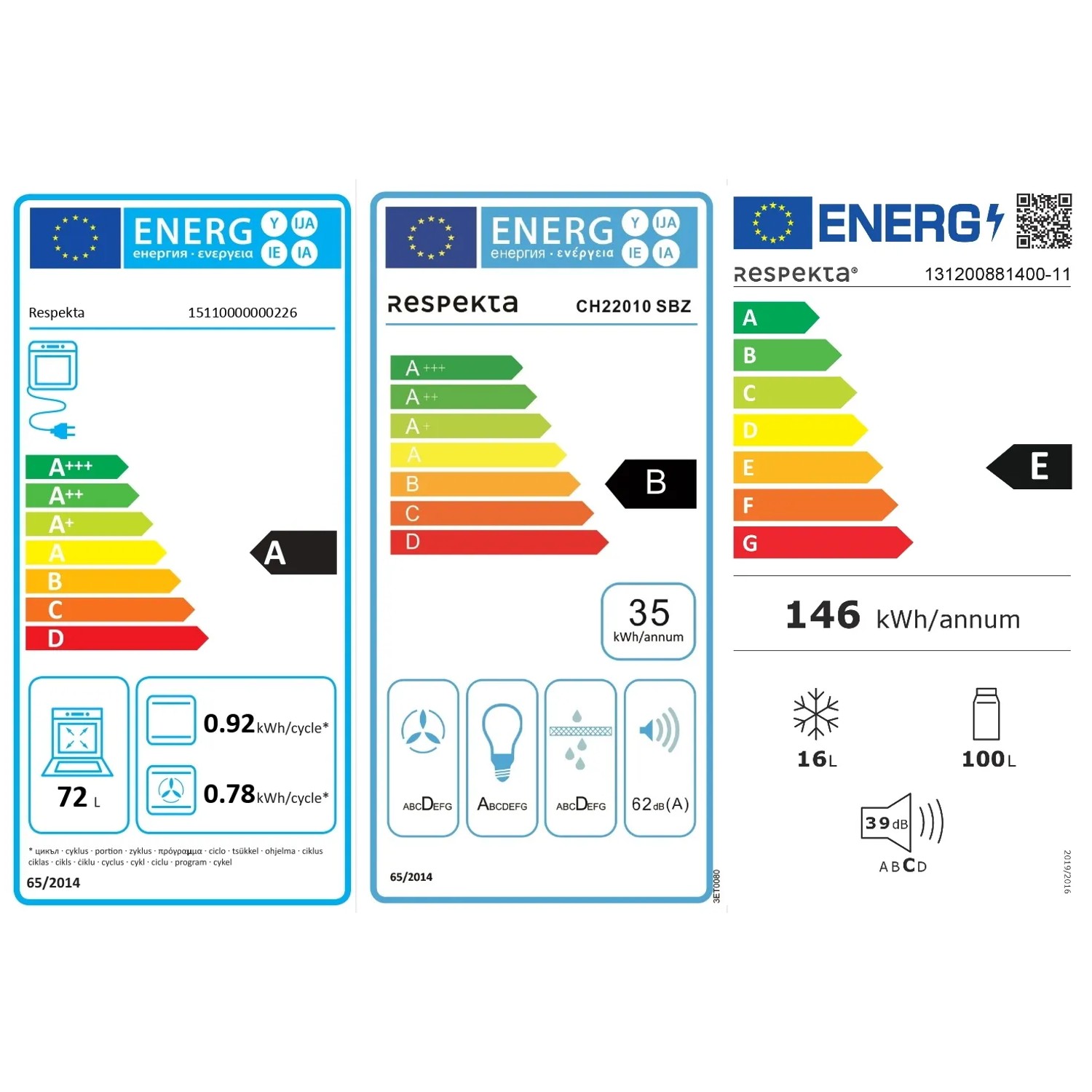 Energieeffizienzlabel für Respekta Premium Küchenzeile Amanda: A, B, E.