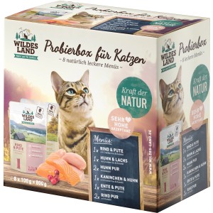 Wildes Land Probierbox Katzen-Nassfutter mit verschiedenen Sorten im 800g Pouch.