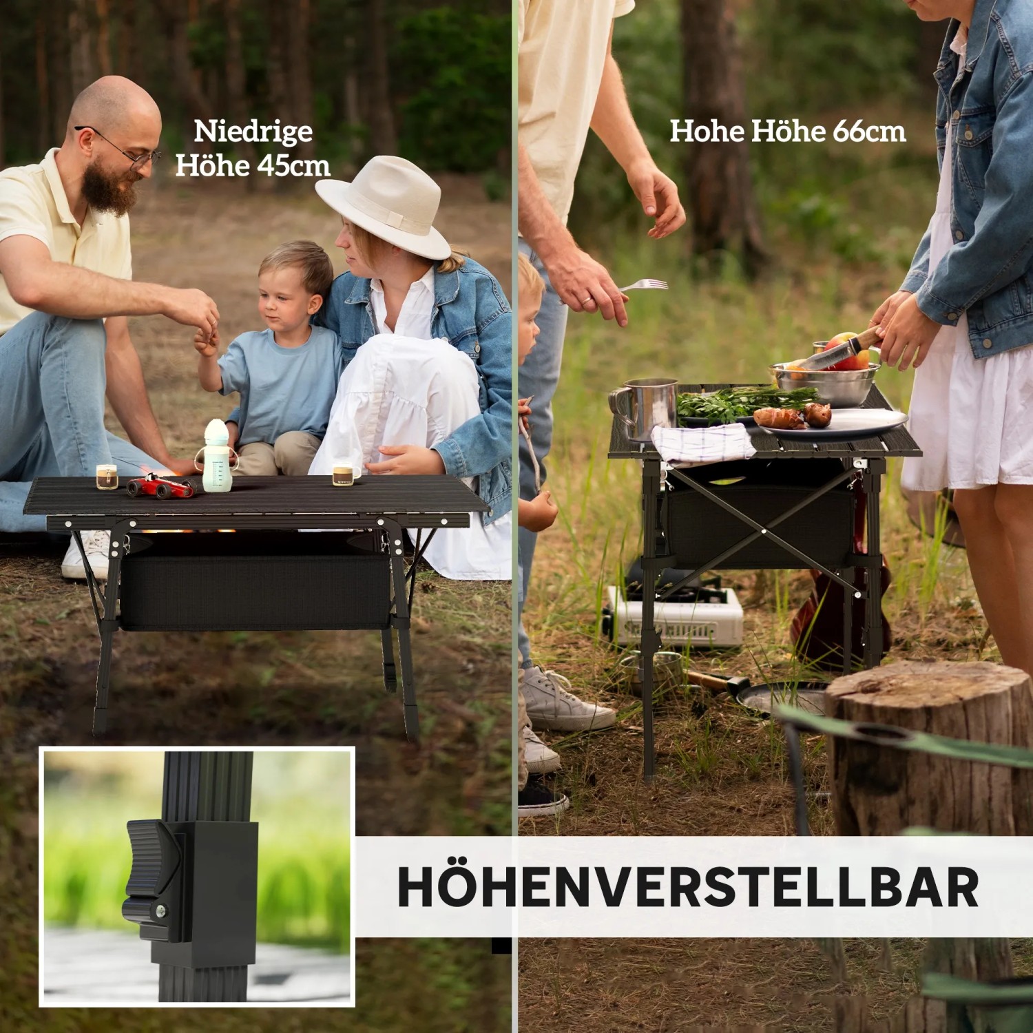 Outsunny Campingtisch aus Aluminium, höhenverstellbar mit Aufbewahrungskorb, ideal für Camping & Outdoor.