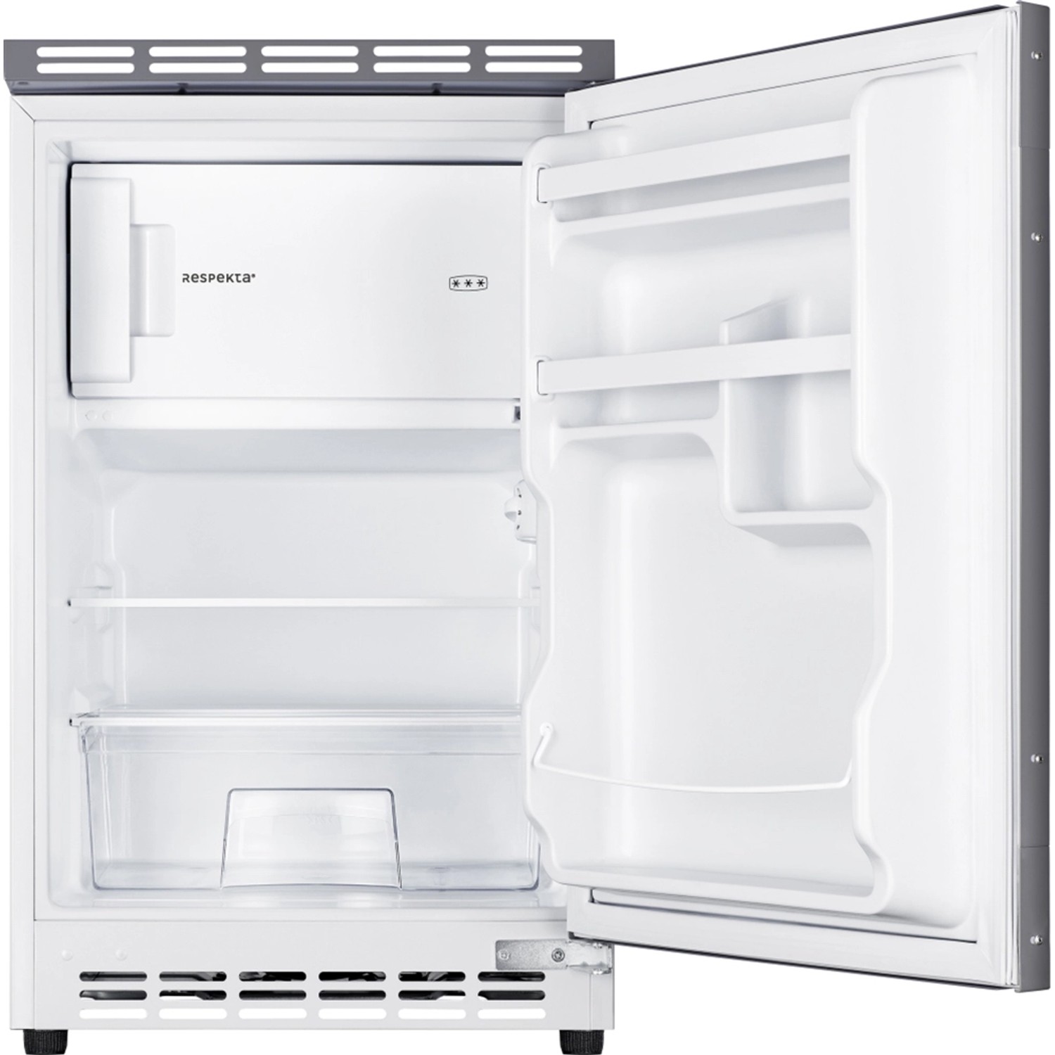 Offener Respekta Unterbau-Kühlschrank, integriert in Küchenzeile KB180WG, weiße Innenausstattung.