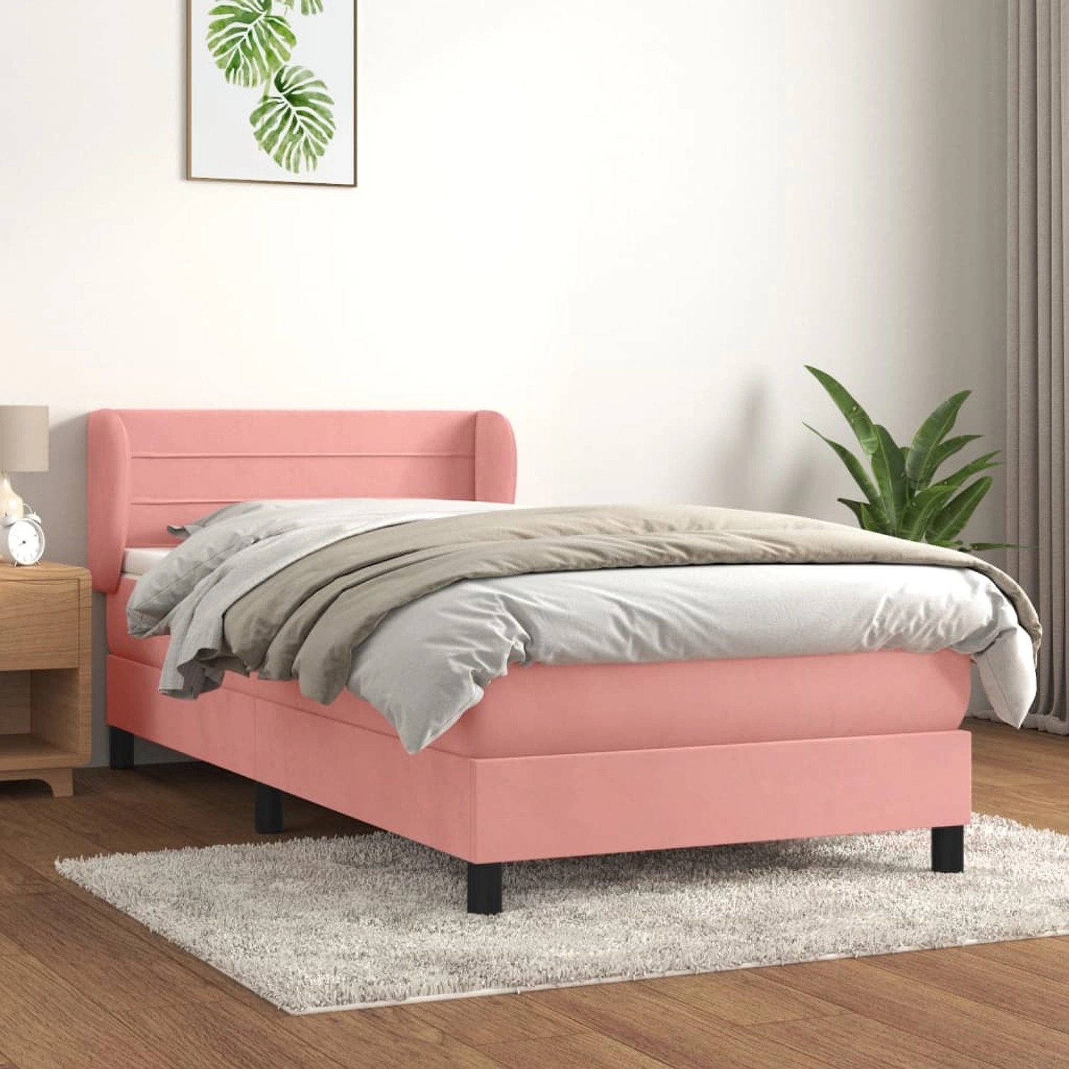Rosa vidaXL Boxspringbett (90x200 cm) mit Matratze und Kopfteil im Schlafzimmer.