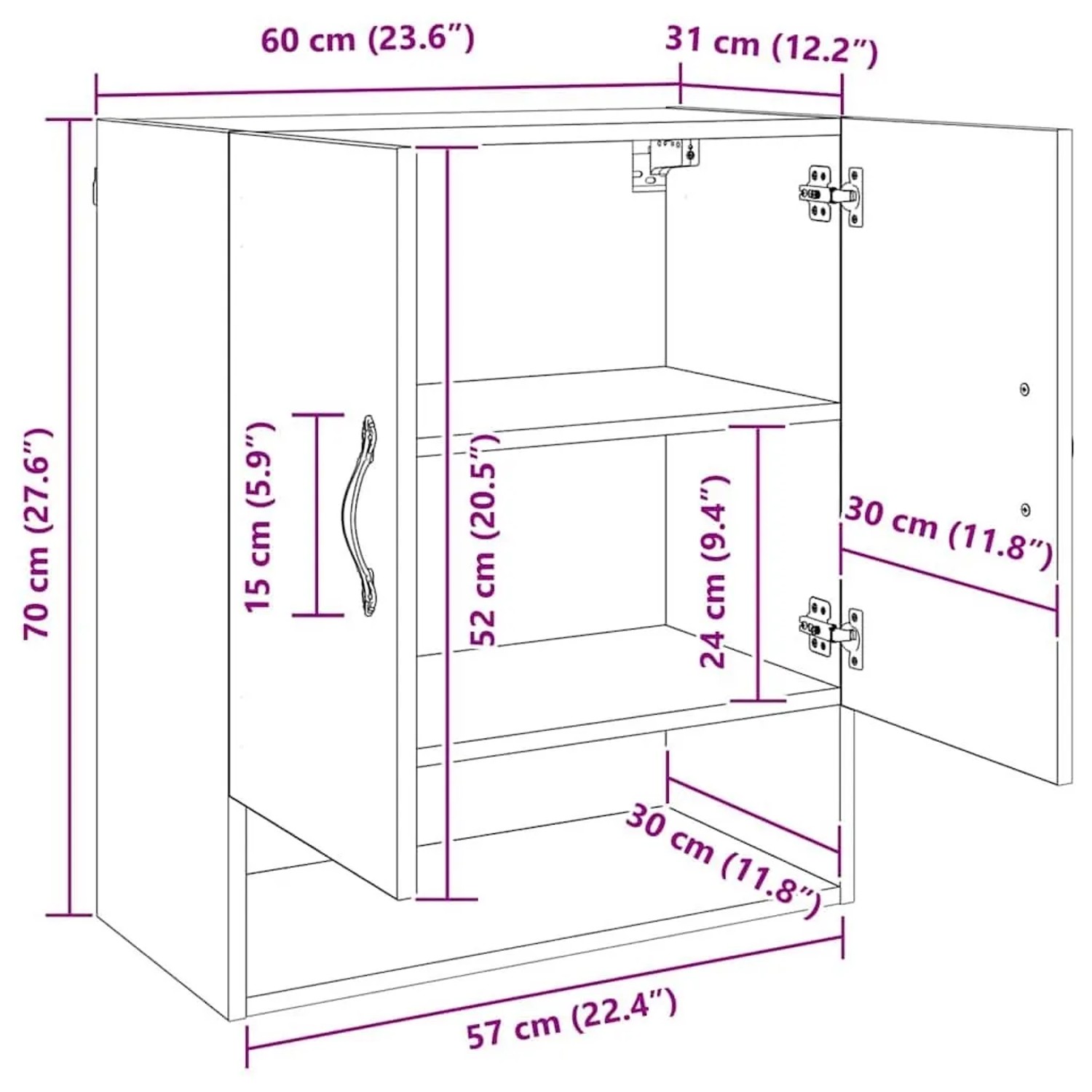 Maßzeichnung vidaXL Wandschrank Artisan-Eiche 60x31x70 cm mit 2 Türen und 3 Fächern.