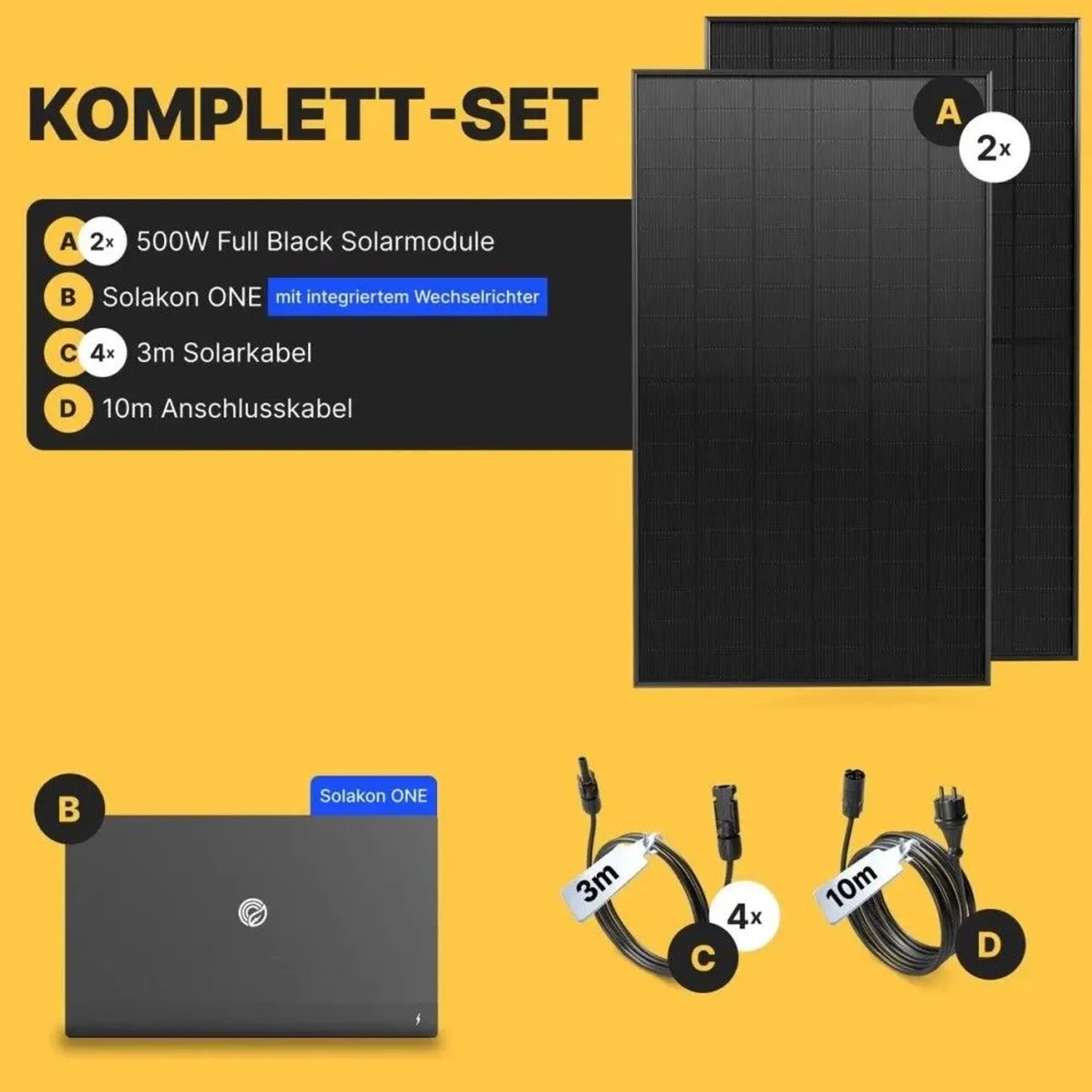 Solakon Balkonkraftwerk 1000W Komplettset: 2 schwarze Solarmodule, Speicher, Wechselrichter und Kabel.